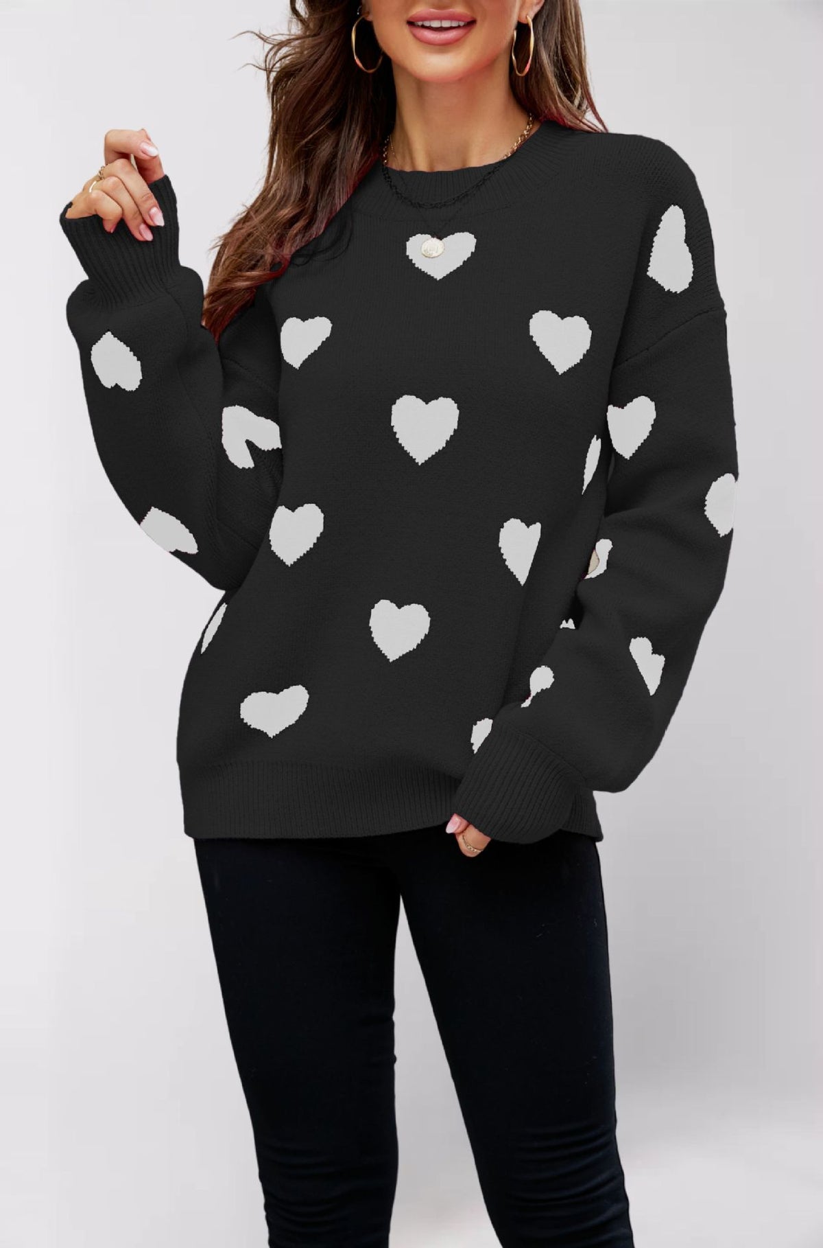Women's Heart Print Crew Neck Oversized Pullover Sweater