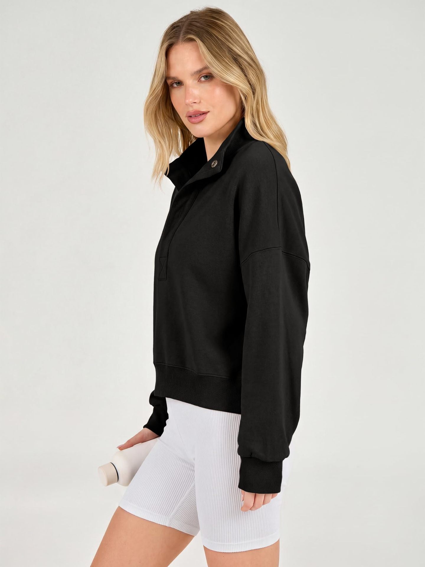 Cropped Henley Sweatshirt Collared Relaxed Fit