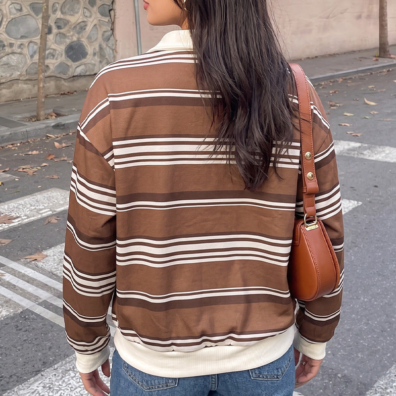 Striped Polo Neck Pullover Top Relaxed Fit Long Sleeve