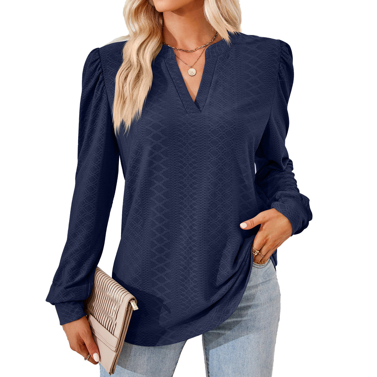 Women's V Neck Puff Sleeve Textured Long Sleeve Tunic Top