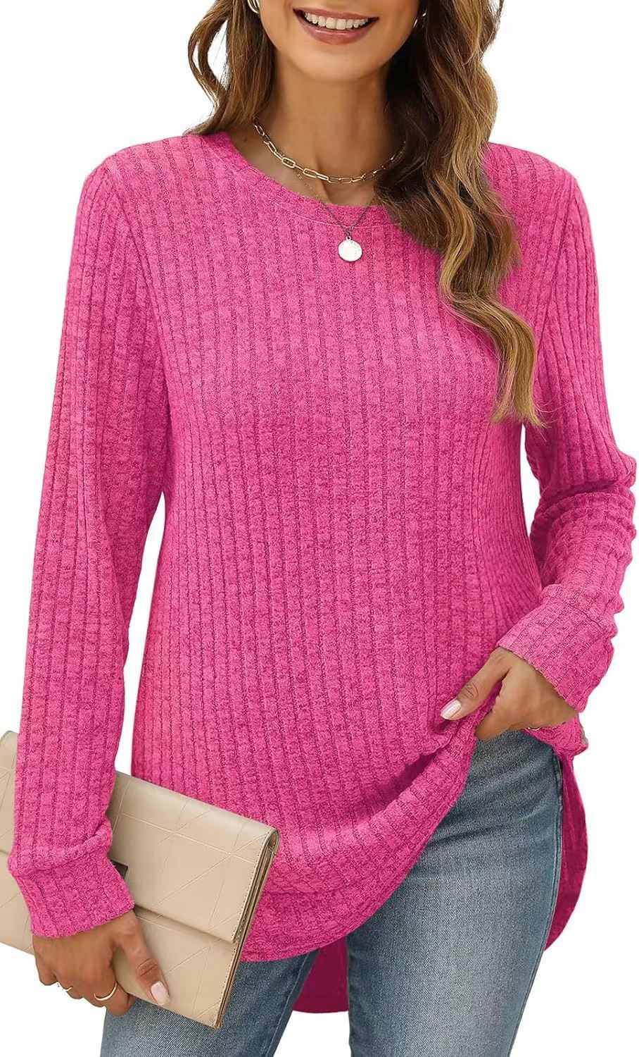 Women's Oversized Ribbed Long Sleeve Crew Neck Tunic Top