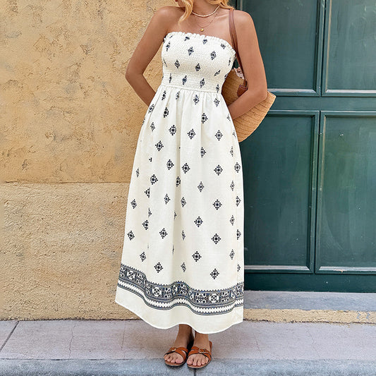 Boho Print Maxi Dress Strapless Smocked High Waist