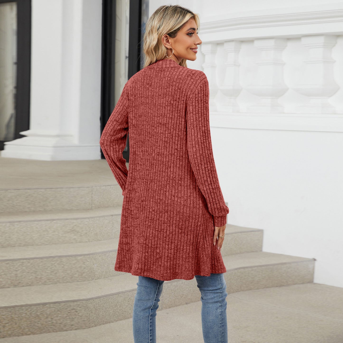 Long Solid Color Long-sleeved Loose Pocket Cardigan