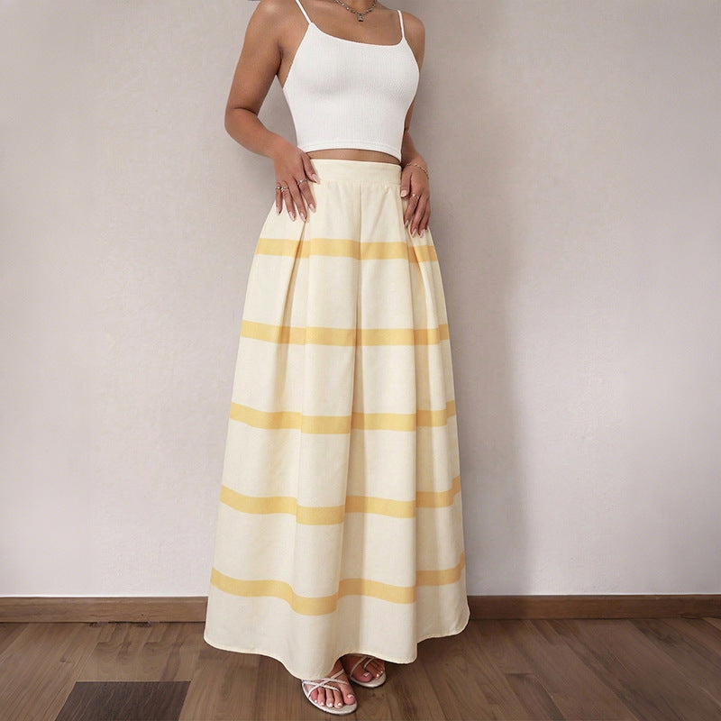 Women High Waist Stripe Pleated Maxi Skirt