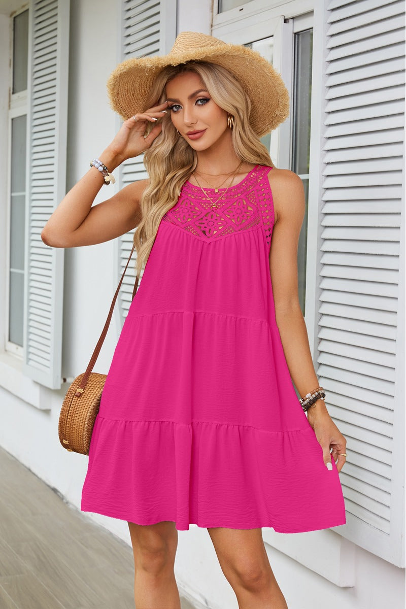 Halter Neck Lace Trim Tiered A Line Summer Dress