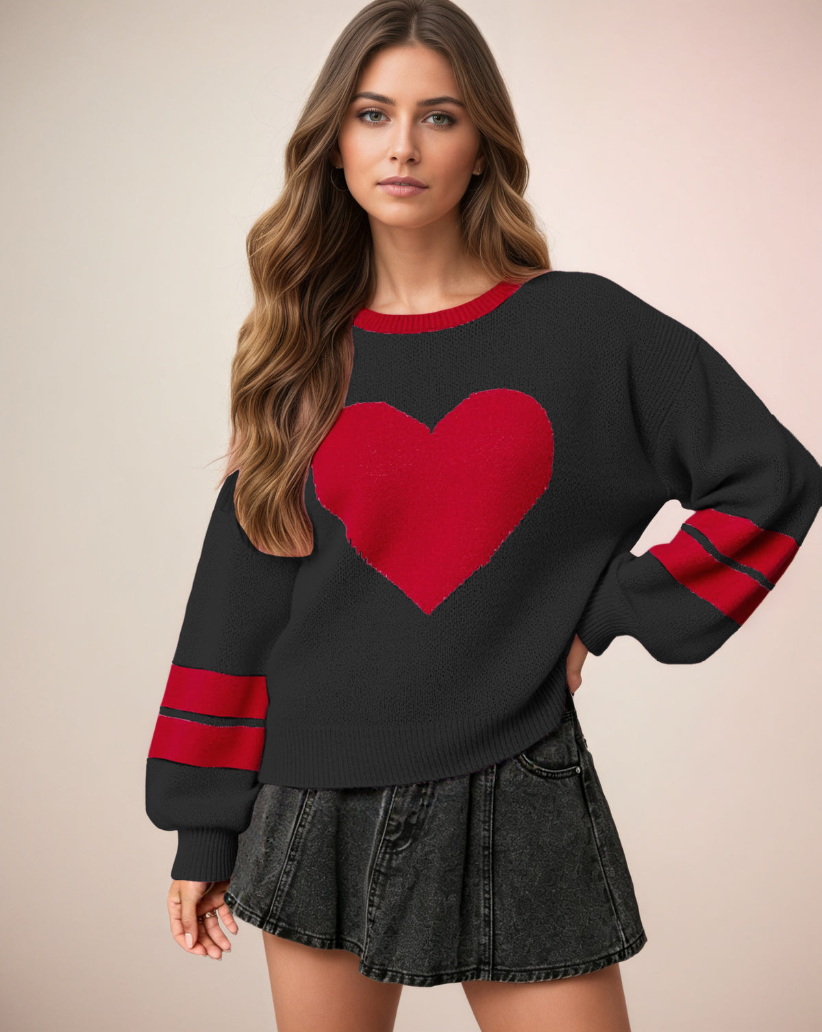 Oversized Heart Crewneck Sweater Women Striped Sleeve Knit