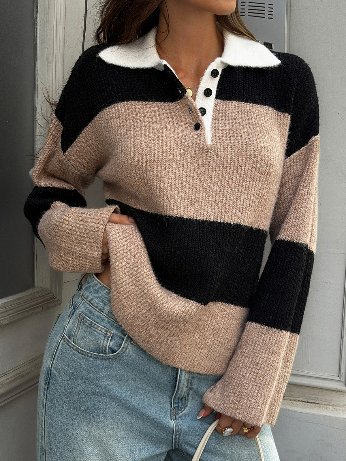 Women's Striped Polo Collar Knit Sweater Pullover