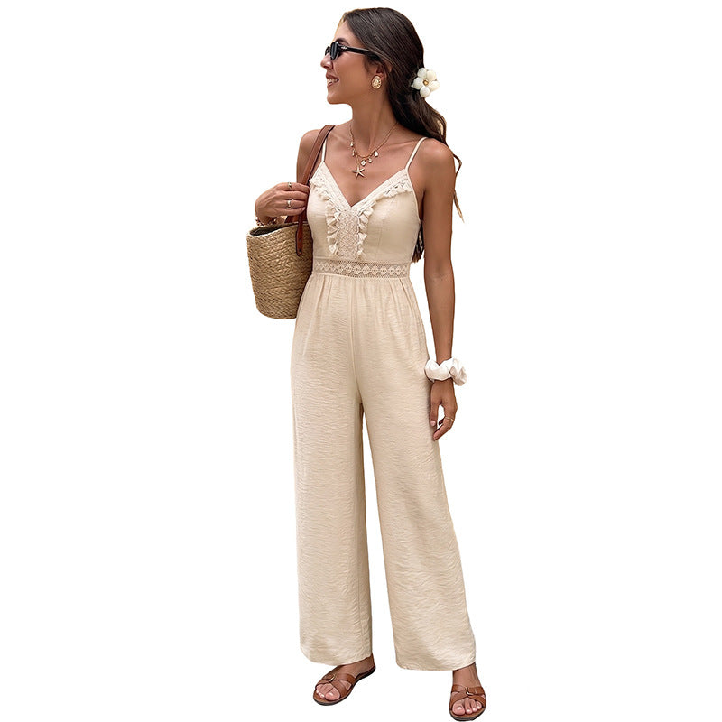 Solid Cami Jumpsuit  Lace Trim Wide Leg Resort Outfit