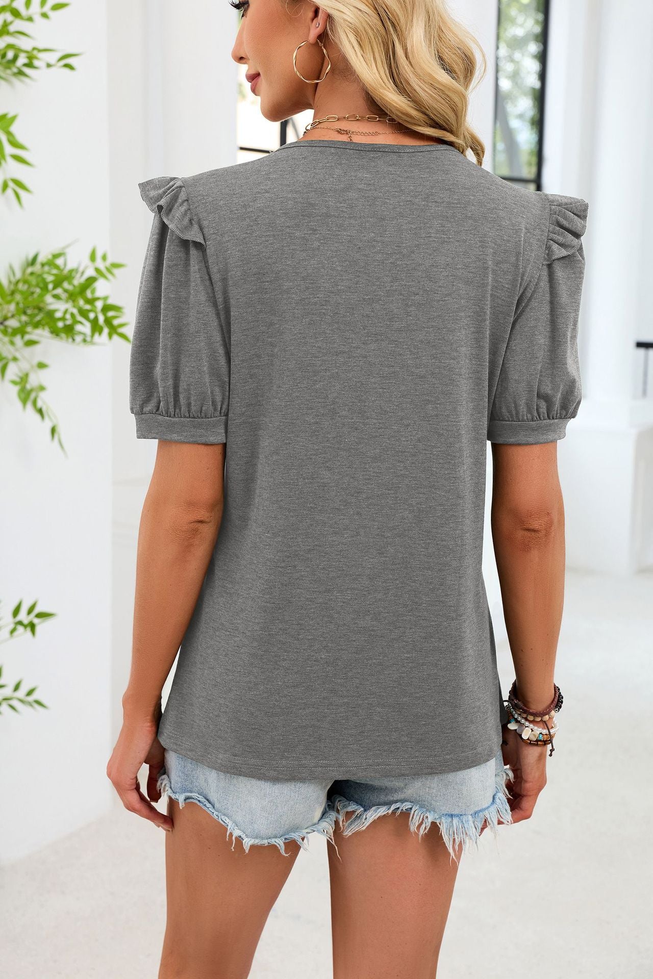 Puff Sleeve V Neck T Shirt Casual Loose Fit Top