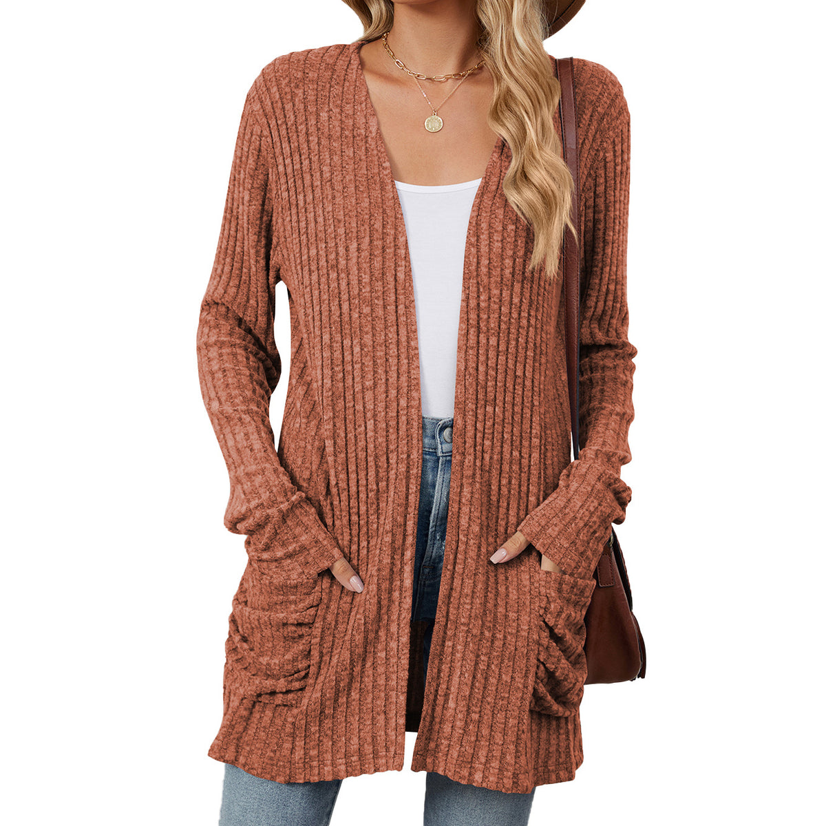 Women's Long Ribbed Open Front Cardigan with Pockets