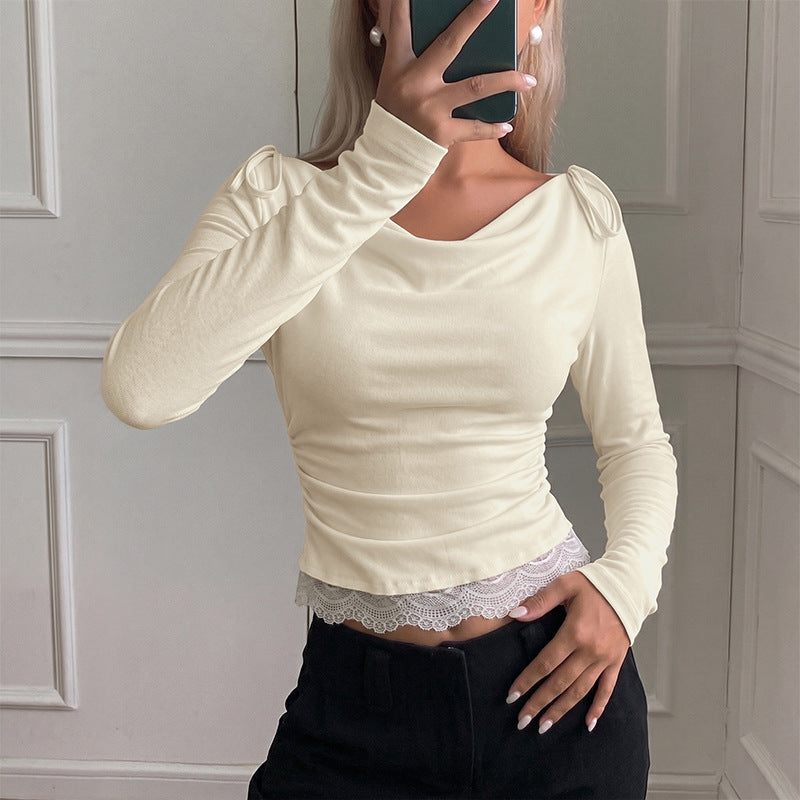 Solid Knit Top Romantic Slim Cowl Lace Trim