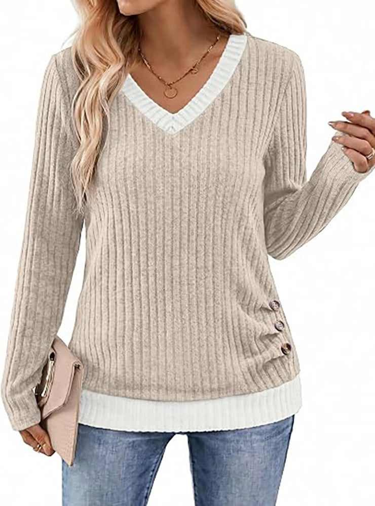 Color Block V-Neck Long Sleeve Ribbed Tunic with Buttons