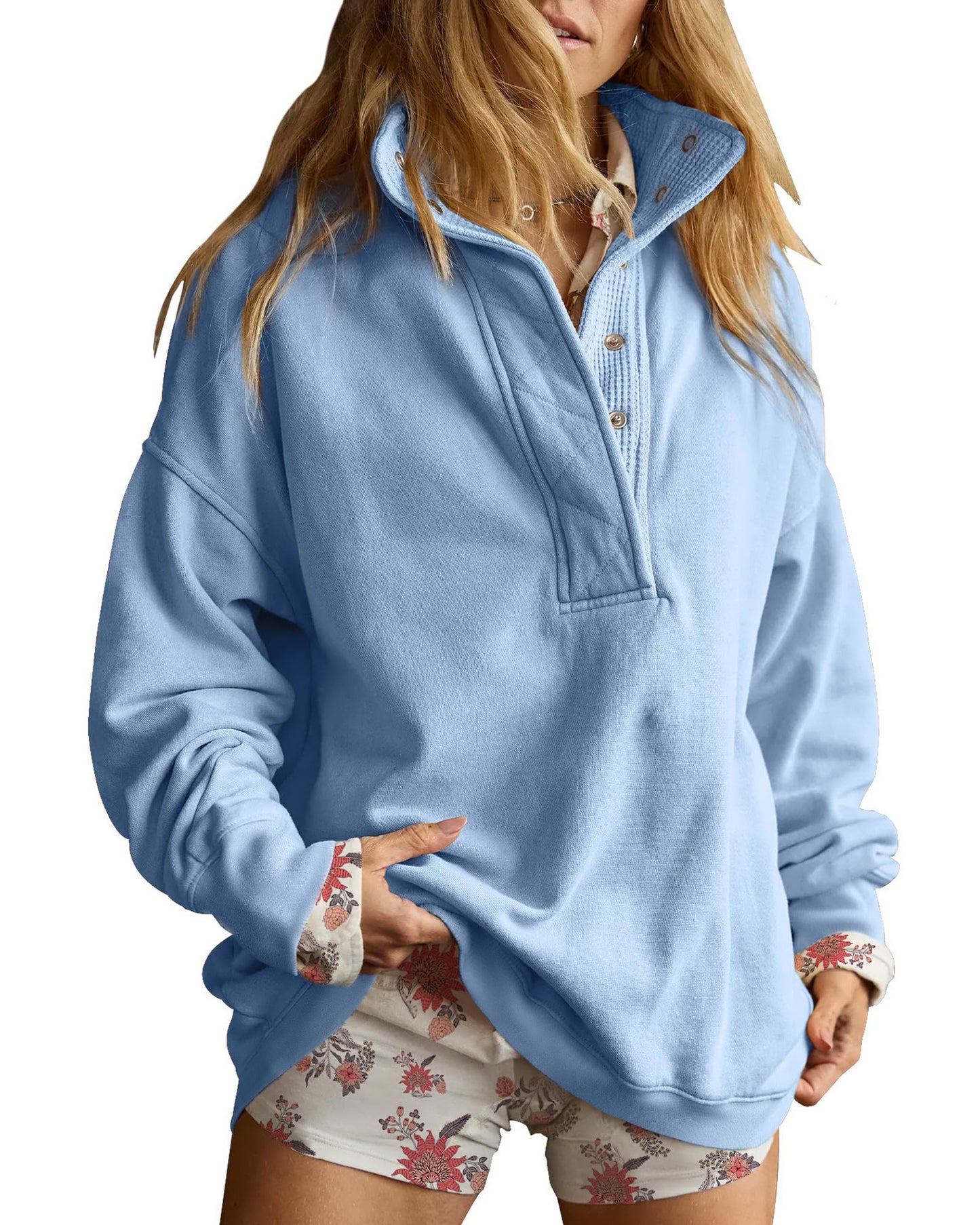 Solid Fleece Sweatshirt Casual Oversized Snap Collar