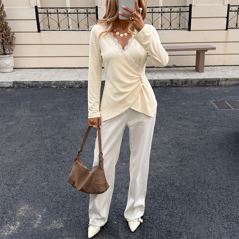 Solid Ribbed Top V Neck Blouse Lace Trim Slim Fit Elegant