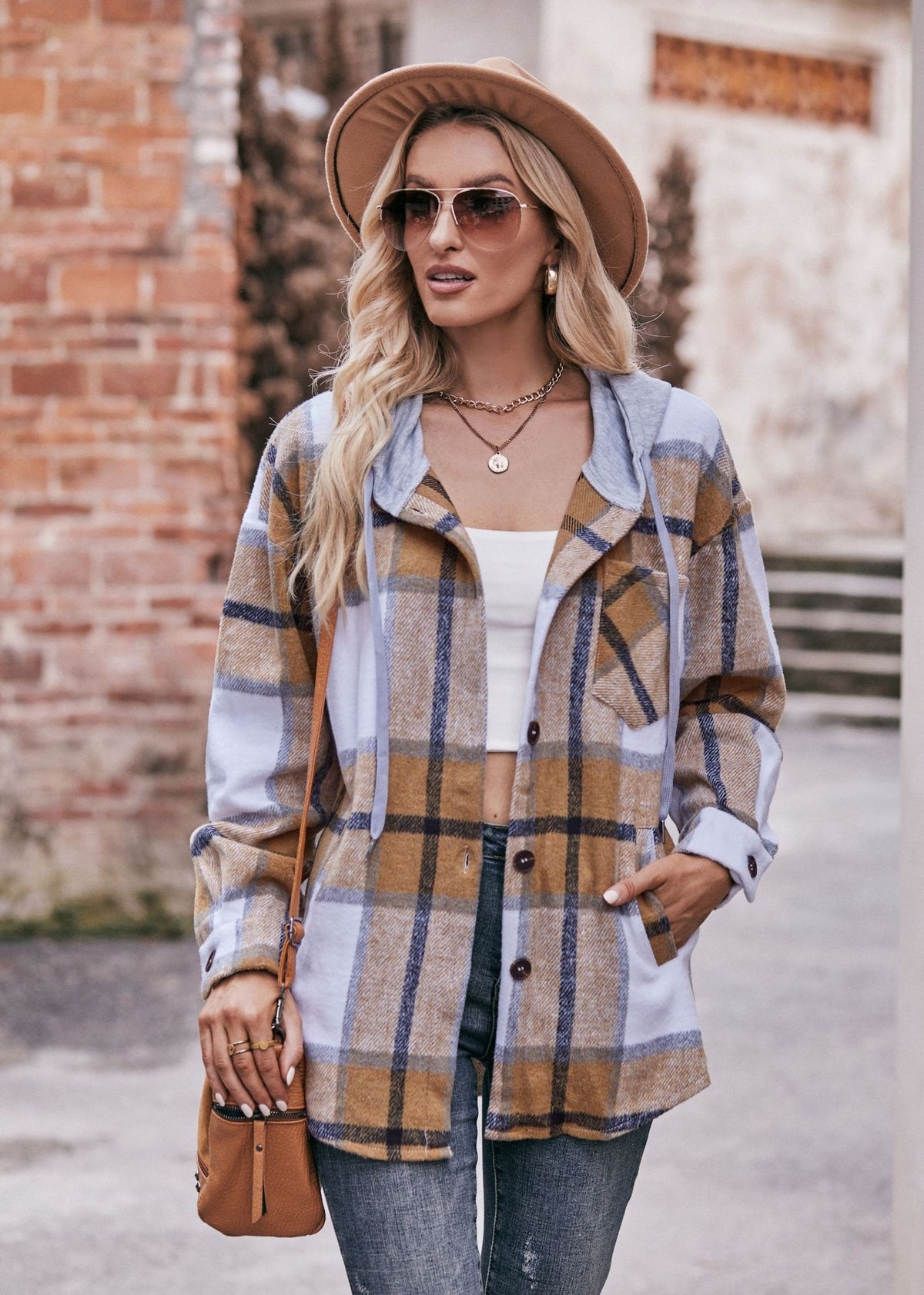 Women's Hooded Plaid Shacket Oversized Shirt Jacket