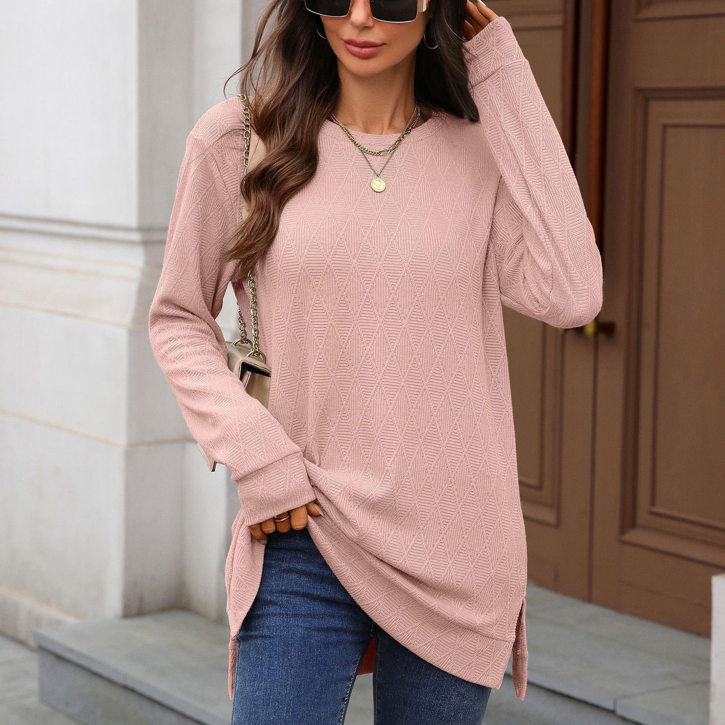Women's Oversized Geometric Tunic Top Side Slit Long Sleeve