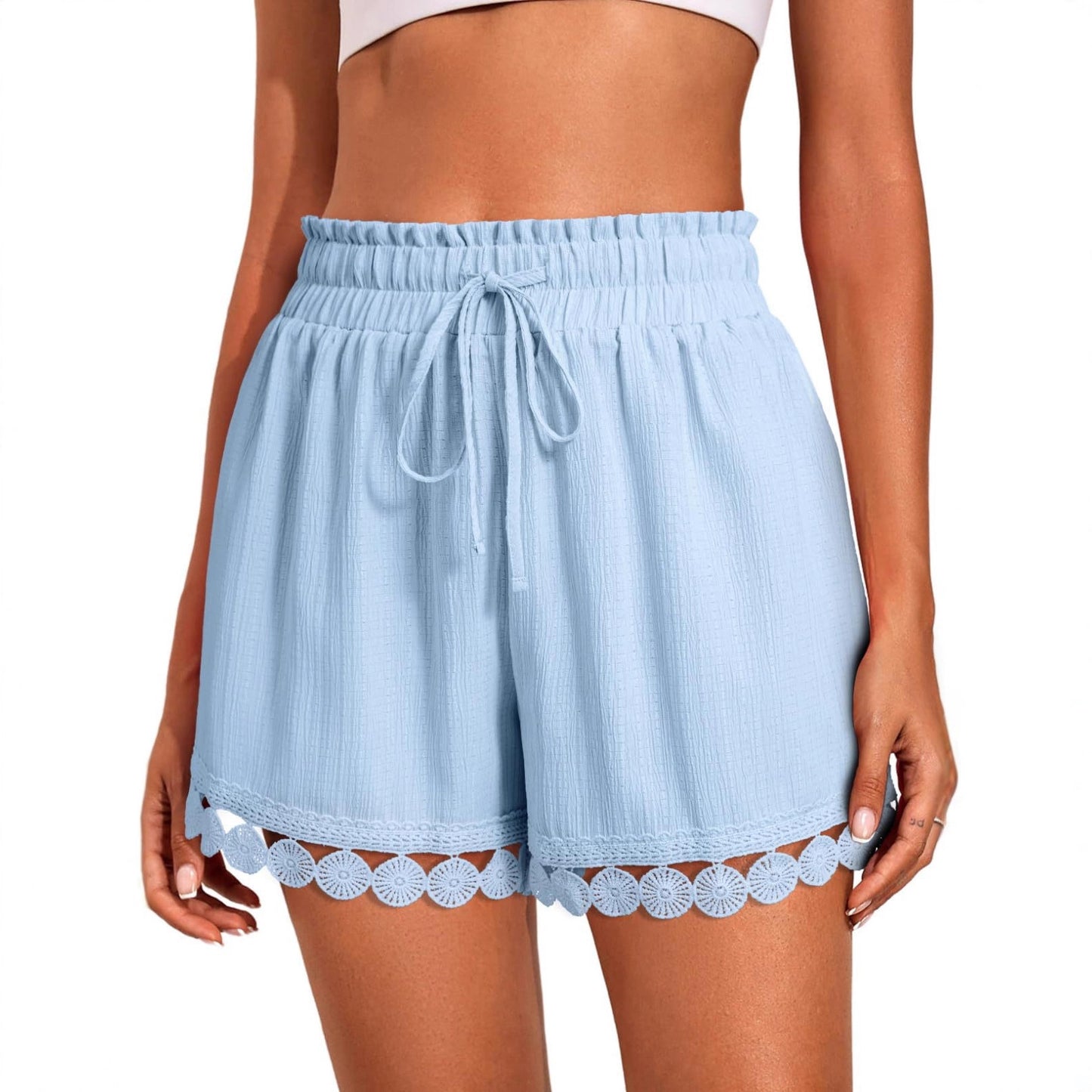 Women’s Lace Trim Drawstring Beach Shorts Casual Loose Fit