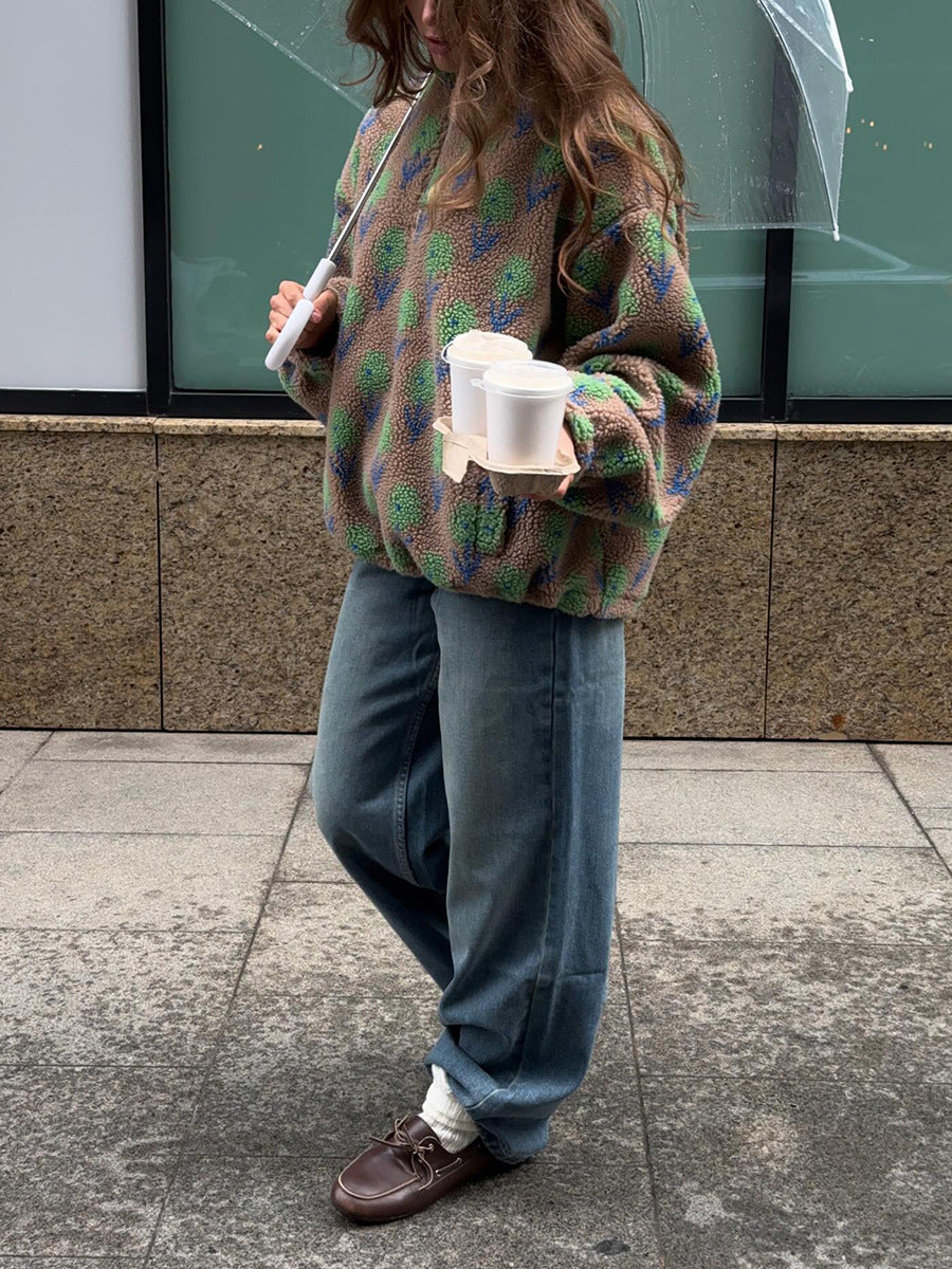 Floral Sherpa Fleece Half-Zip Pullover, Oversized