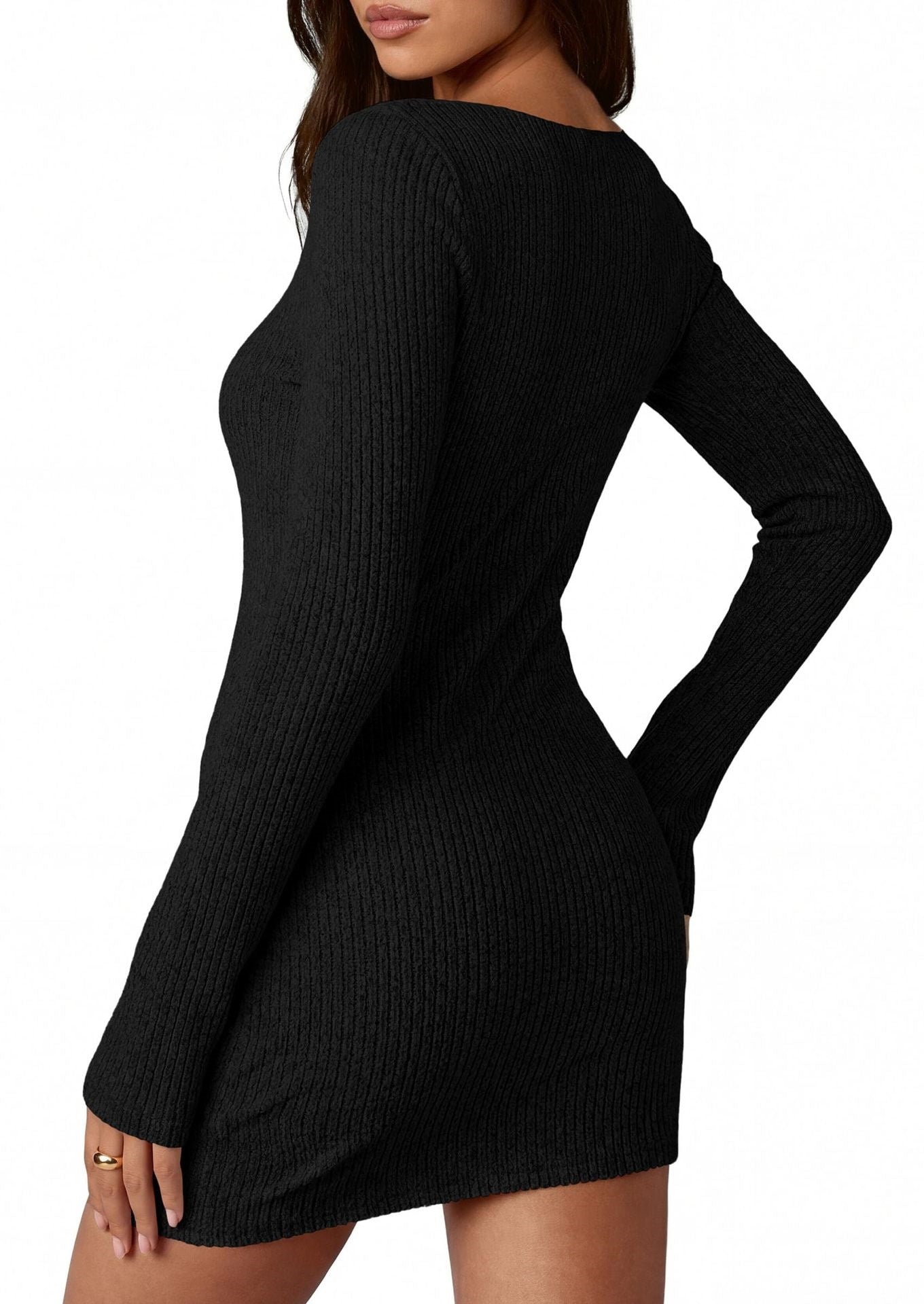 Ribbed Knit Mini Dress Long Sleeve Slim Fit Casual Style