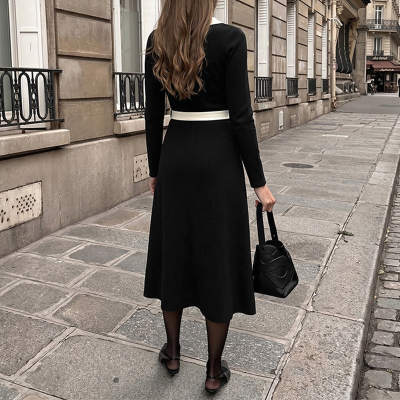 Contrast V Neck Knit Dress Slim Fit Long Sleeve Midi Dress