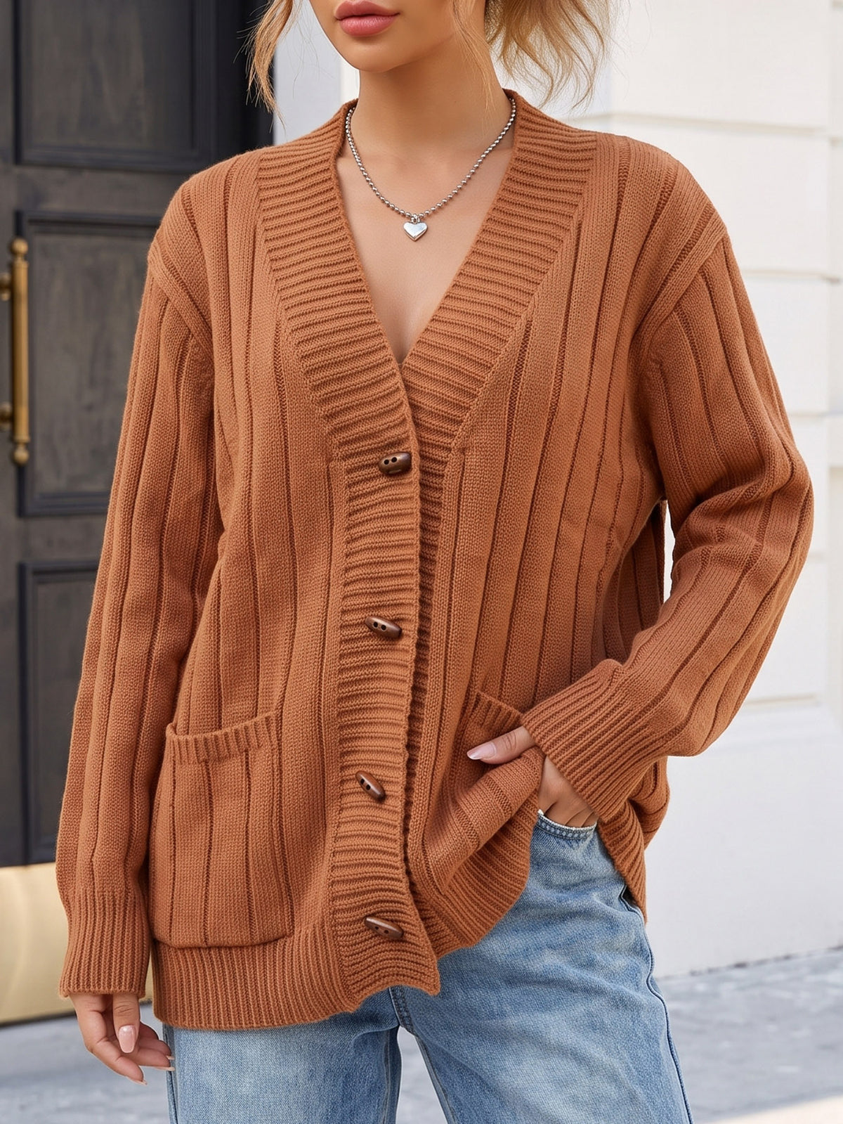 Women's Oversized Ribbed Cardigan Sweater Pockets