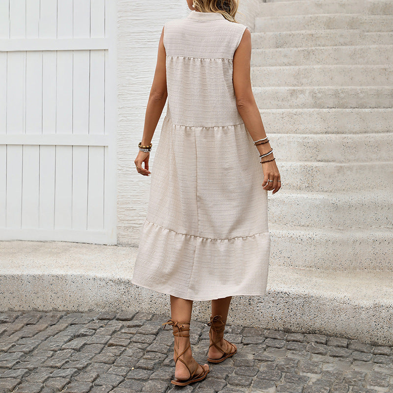 Summer Casual V Neck Loose Sleeveless Solid Midi Dress