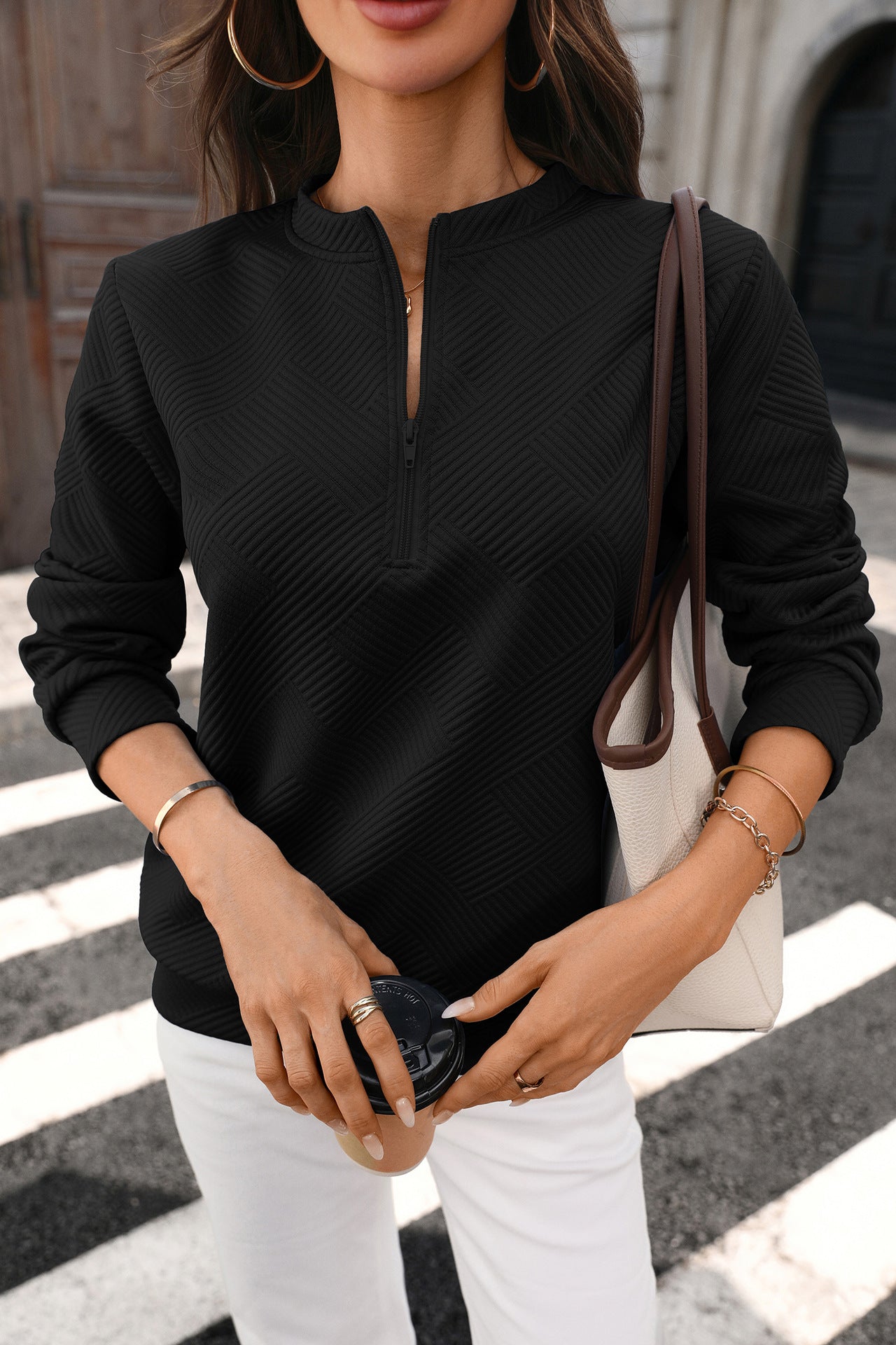 Solid Textured Knit Pullover Quarter Zip Long Sleeve Top