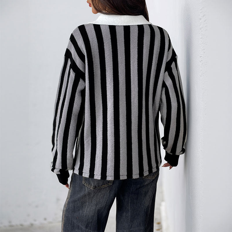 Striped Knit Pullover Sweater with Collar Long Sleeve