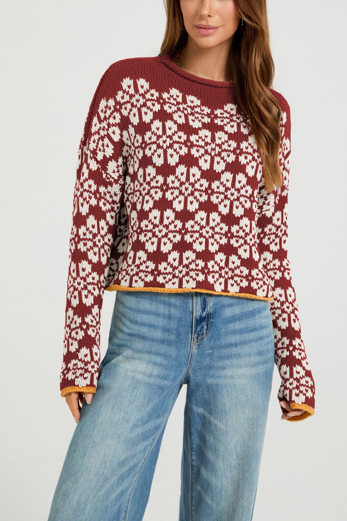 Women's Fair Isle Chunky Knit Mock Neck Pullover Sweater