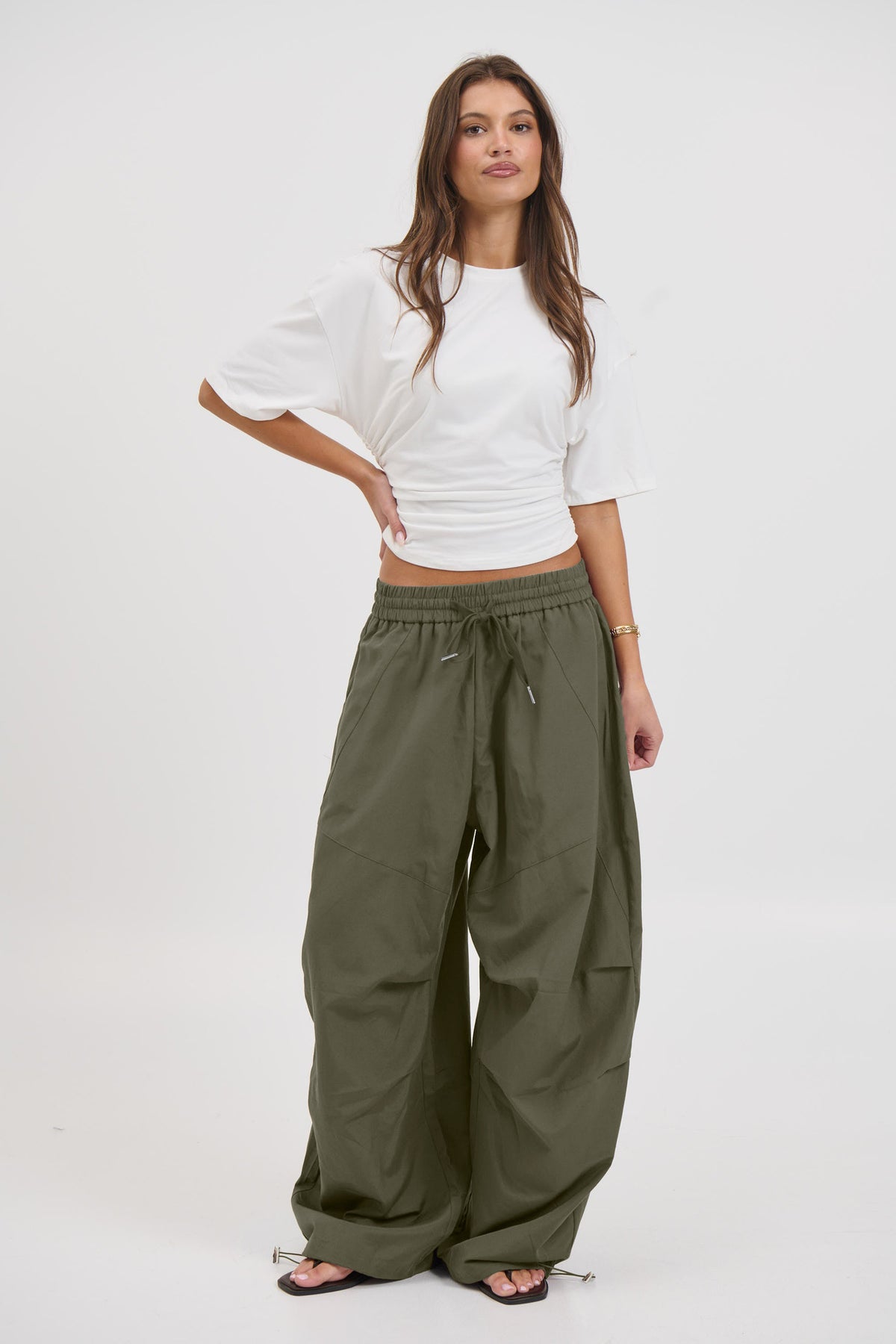 Womens Parachute Cargo Pants Wide Leg Drawstring