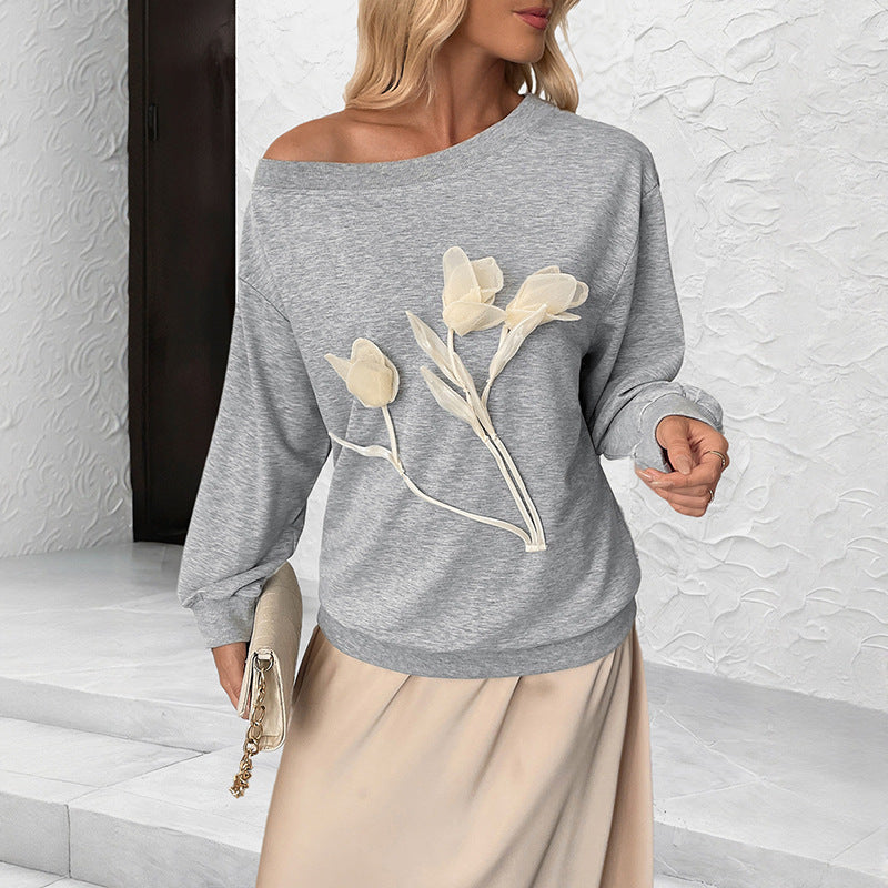 Off Shoulder 3D Floral Sweatshirt Casual Gray Pullover