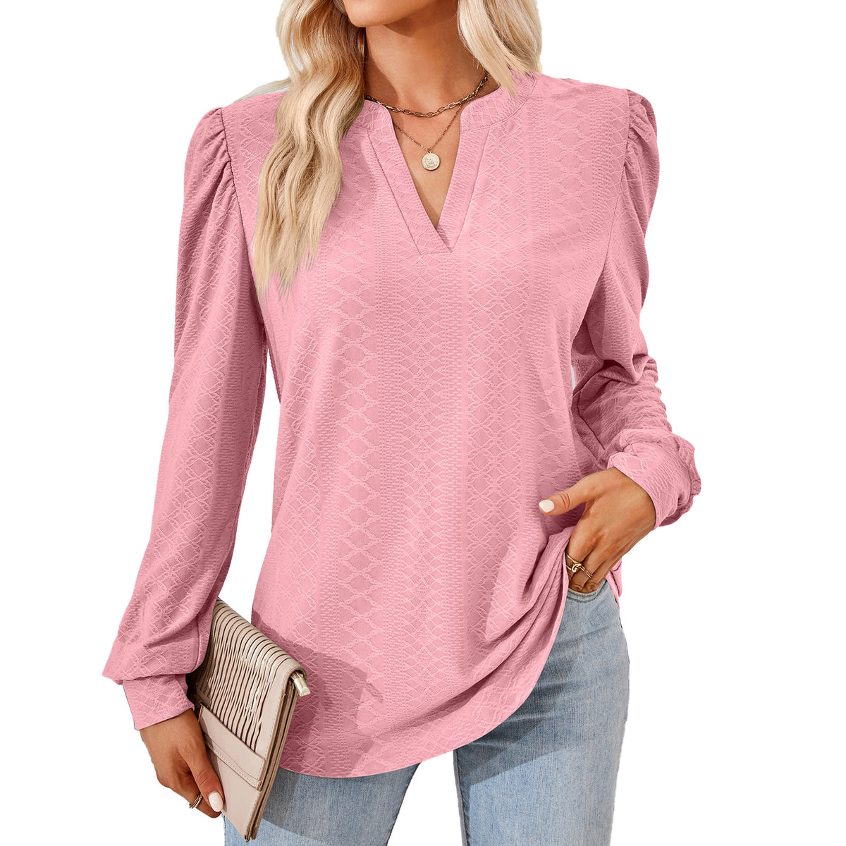 Women's V Neck Puff Sleeve Textured Long Sleeve Tunic Top
