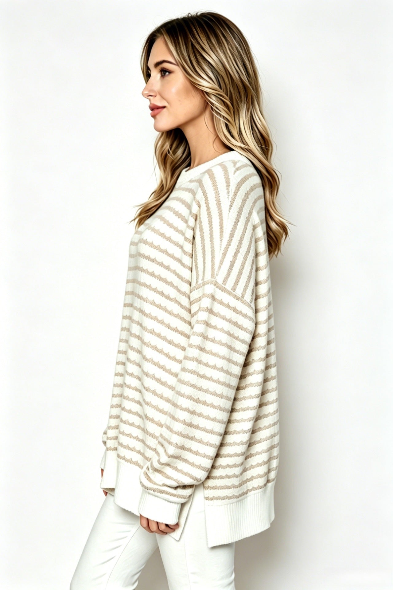 Striped Oversized Crew Neck Sweater Boutique Knit Top