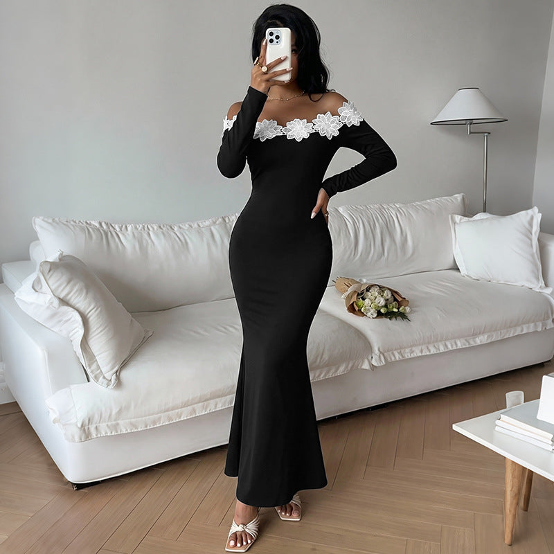 Floral Applique Off Shoulder Mermaid Maxi Dress