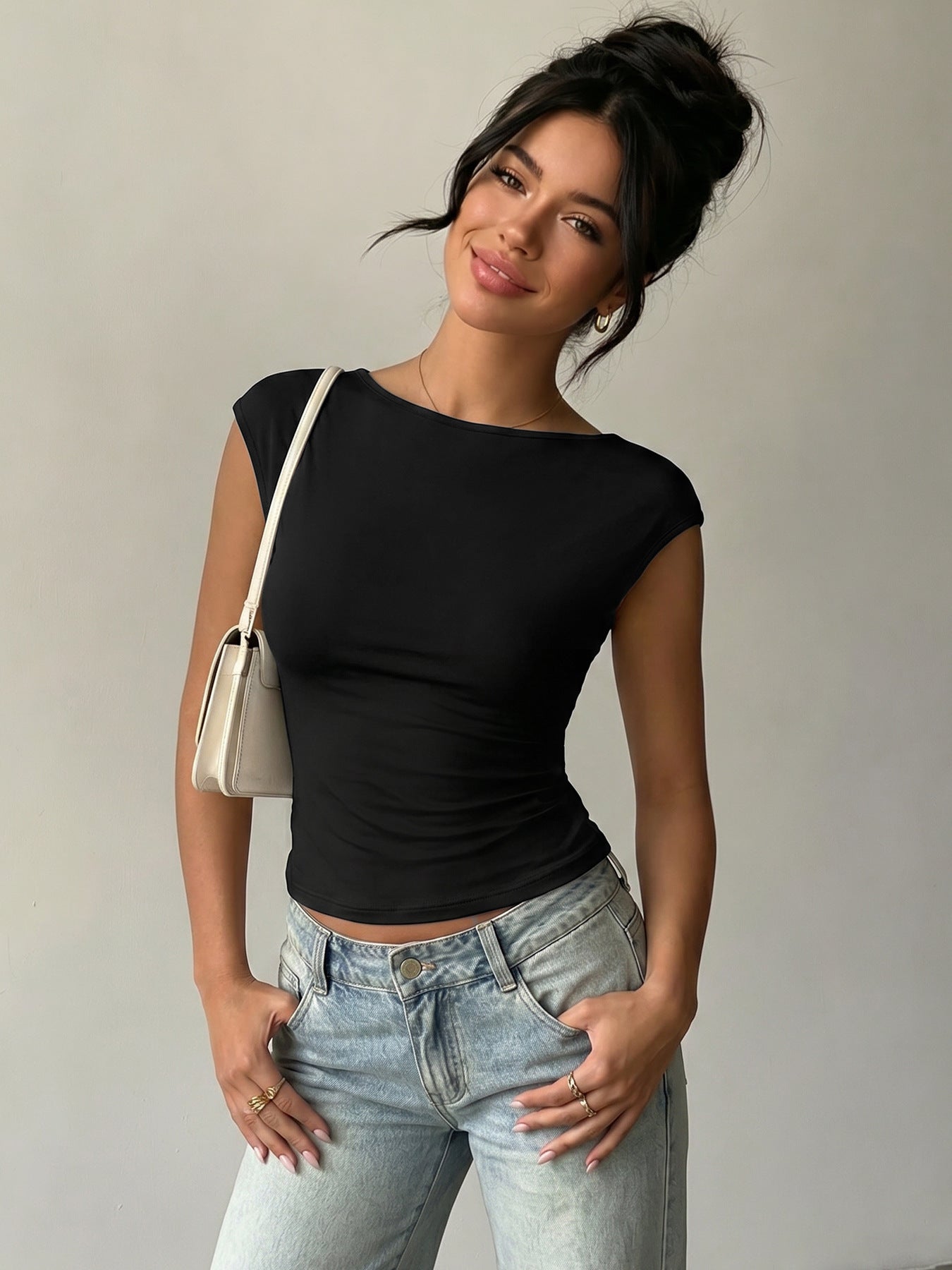 Solid Knit Top Slim Boat Neck Cap Sleeve