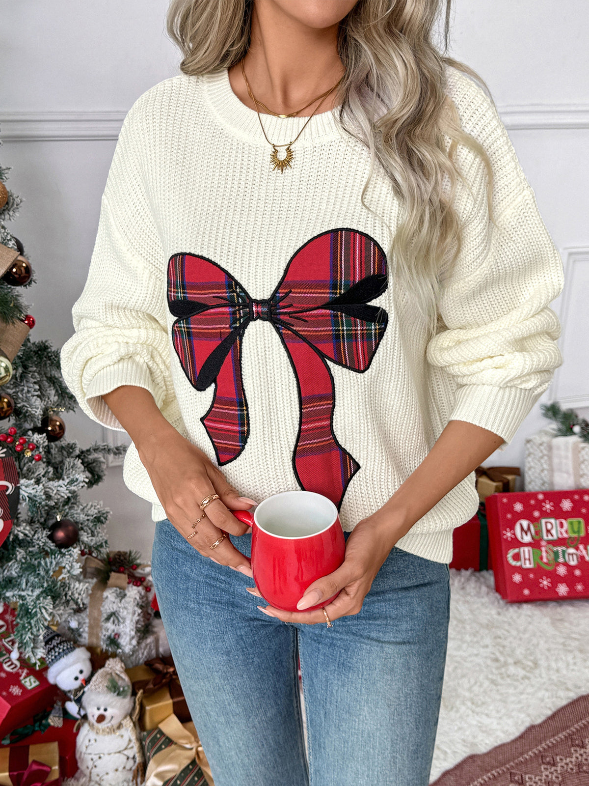 Women's Christmas Plaid Bow Oversized Knit Sweater