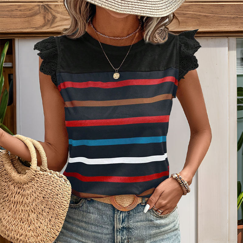 Striped T-Shirt with Lace Detailing and Short Sleeves