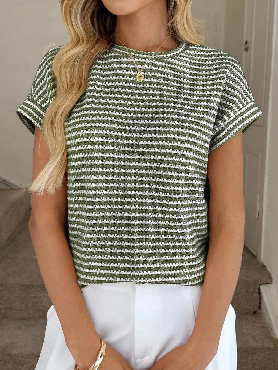 Striped Knit Short Sleeve Pullover Sweater Top