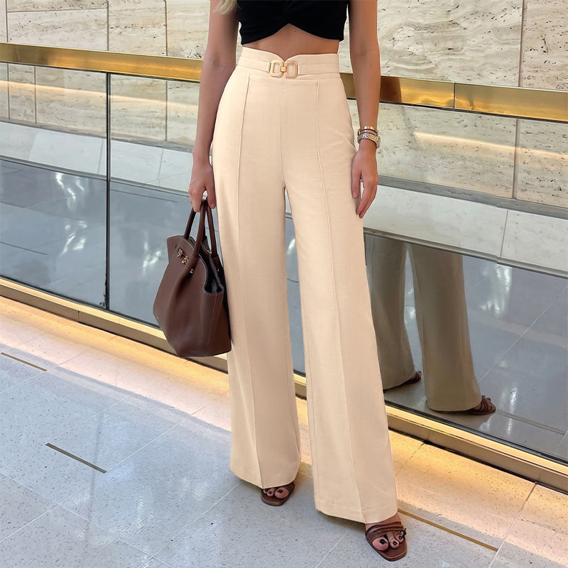Solid Linen Wide Leg Pants High Waist Tailored Fit