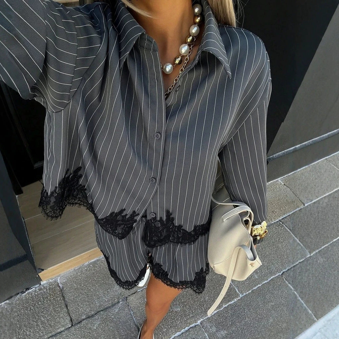Striped Button Down Shirt & Lace Trim High Waist Shorts Set
