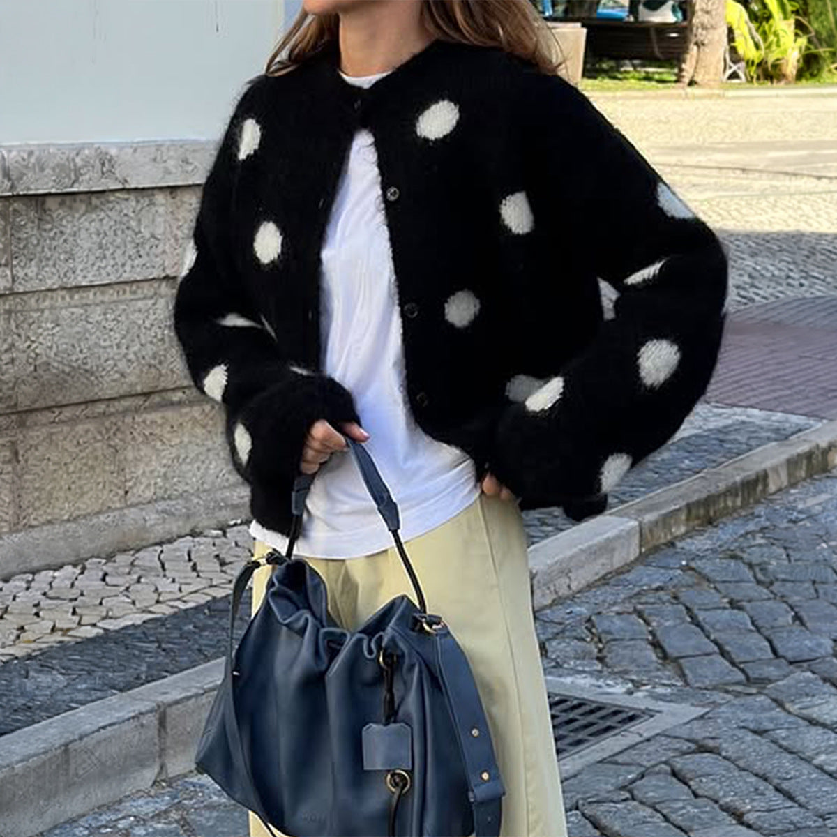 Women's Fuzzy Polka Dot Oversized Button Front Cardigan