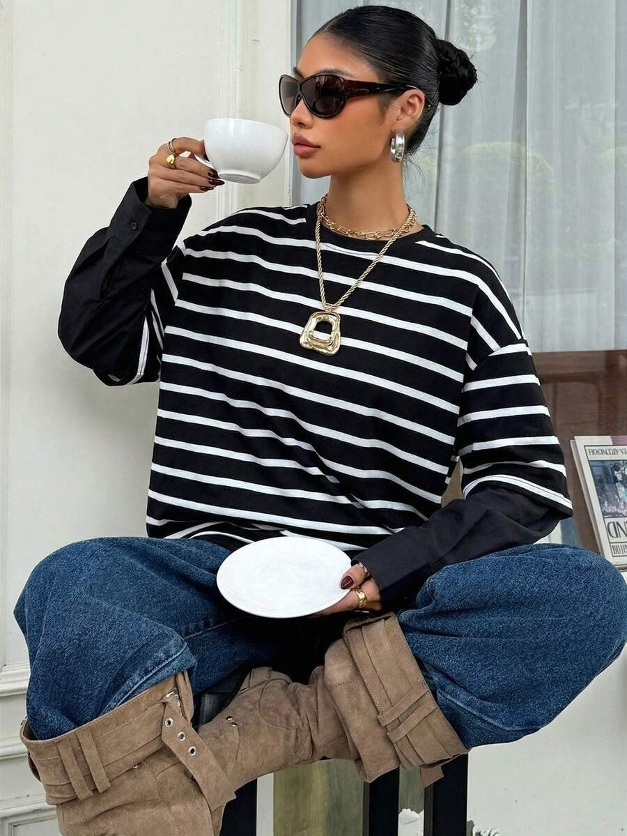 Striped Layered Look Long Sleeve Top Relaxed Fit Casual Tee