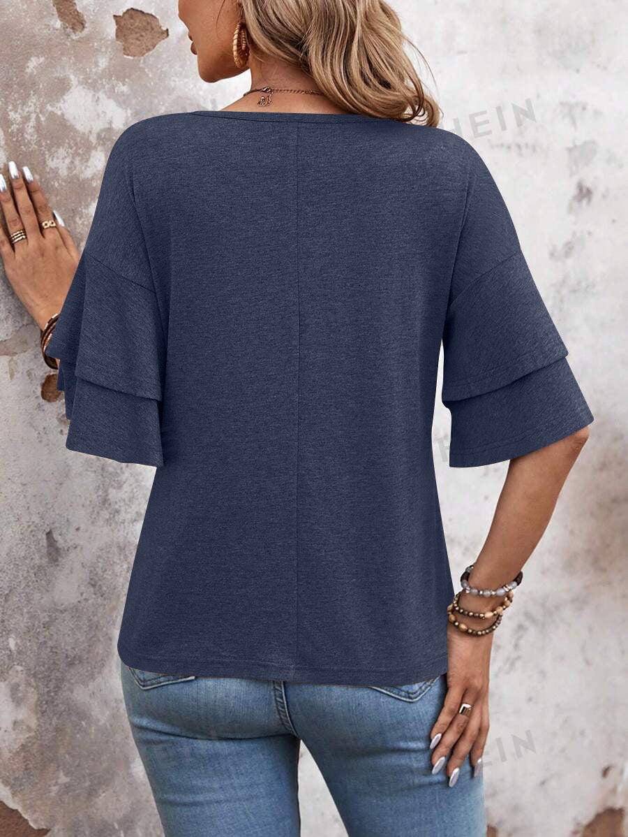 Summer V Neck Ruffle Sleeve Loose Fit Women’s Top