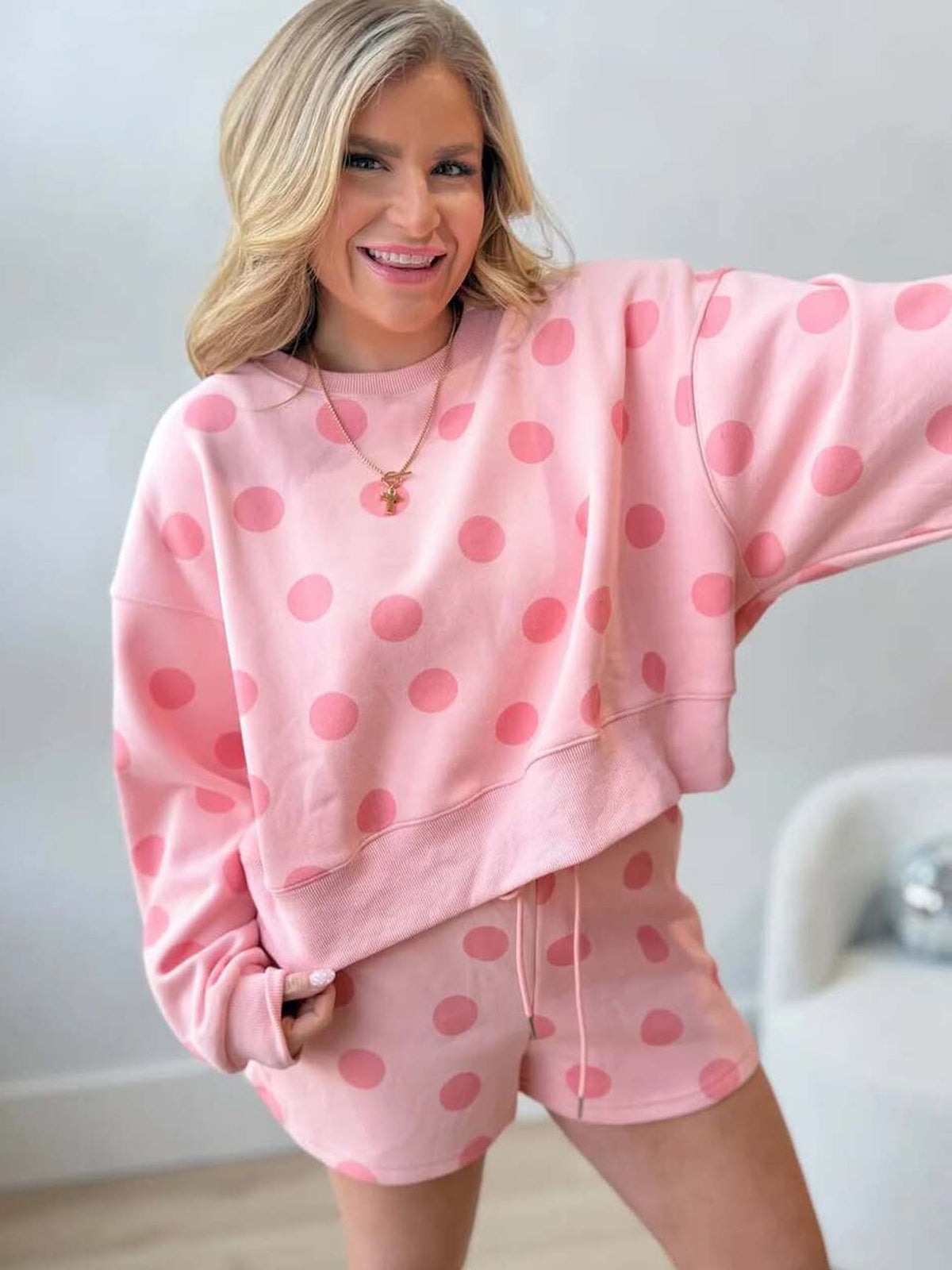 Polka Dot Crop Sweatshirt & Shorts Matching Set