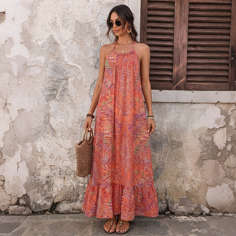 Abstract Gauze Maxi Dress Boho Halter Ruffle