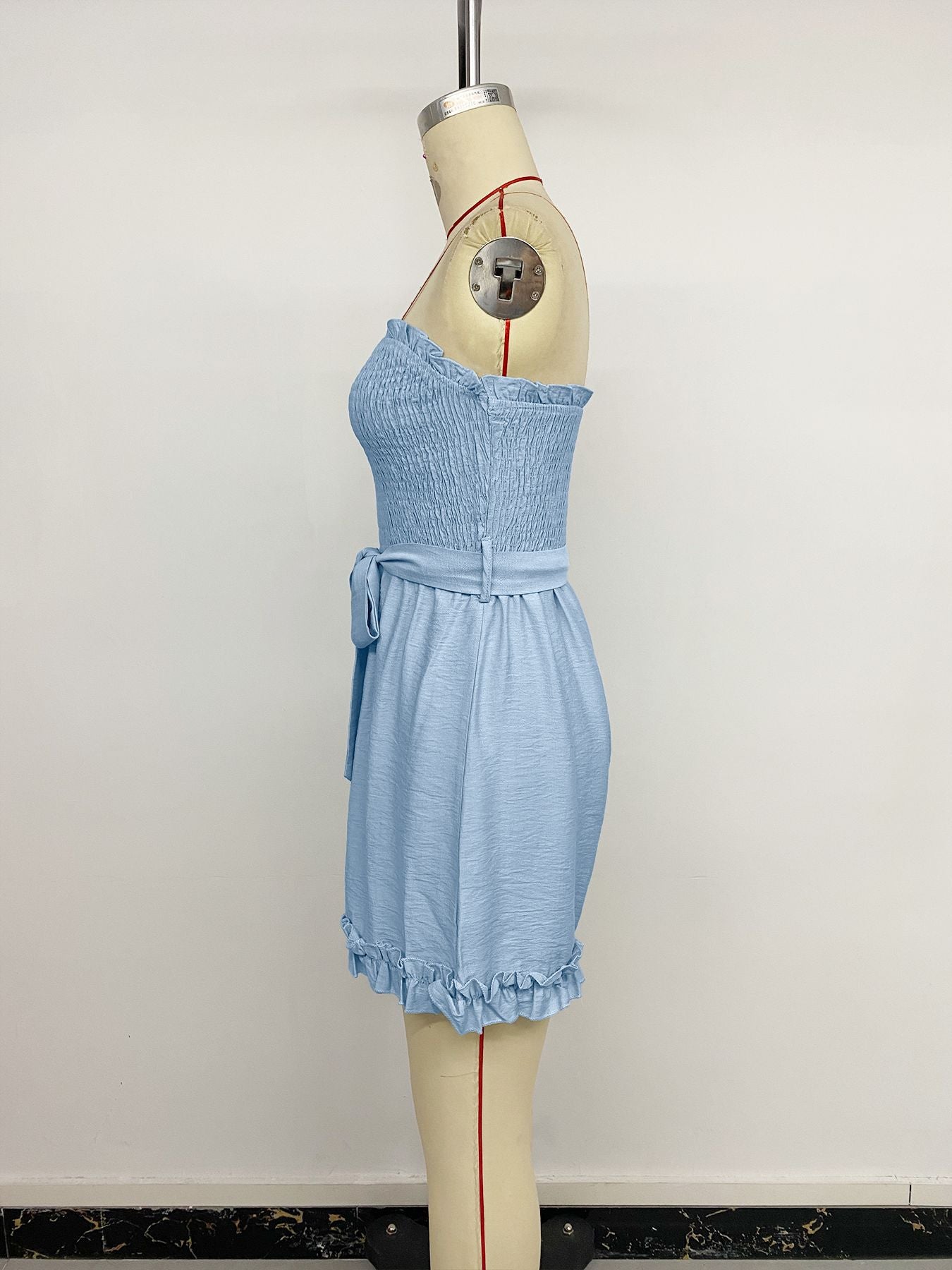 Strapless Smocked Ruffle Hem Summer Romper with Belt