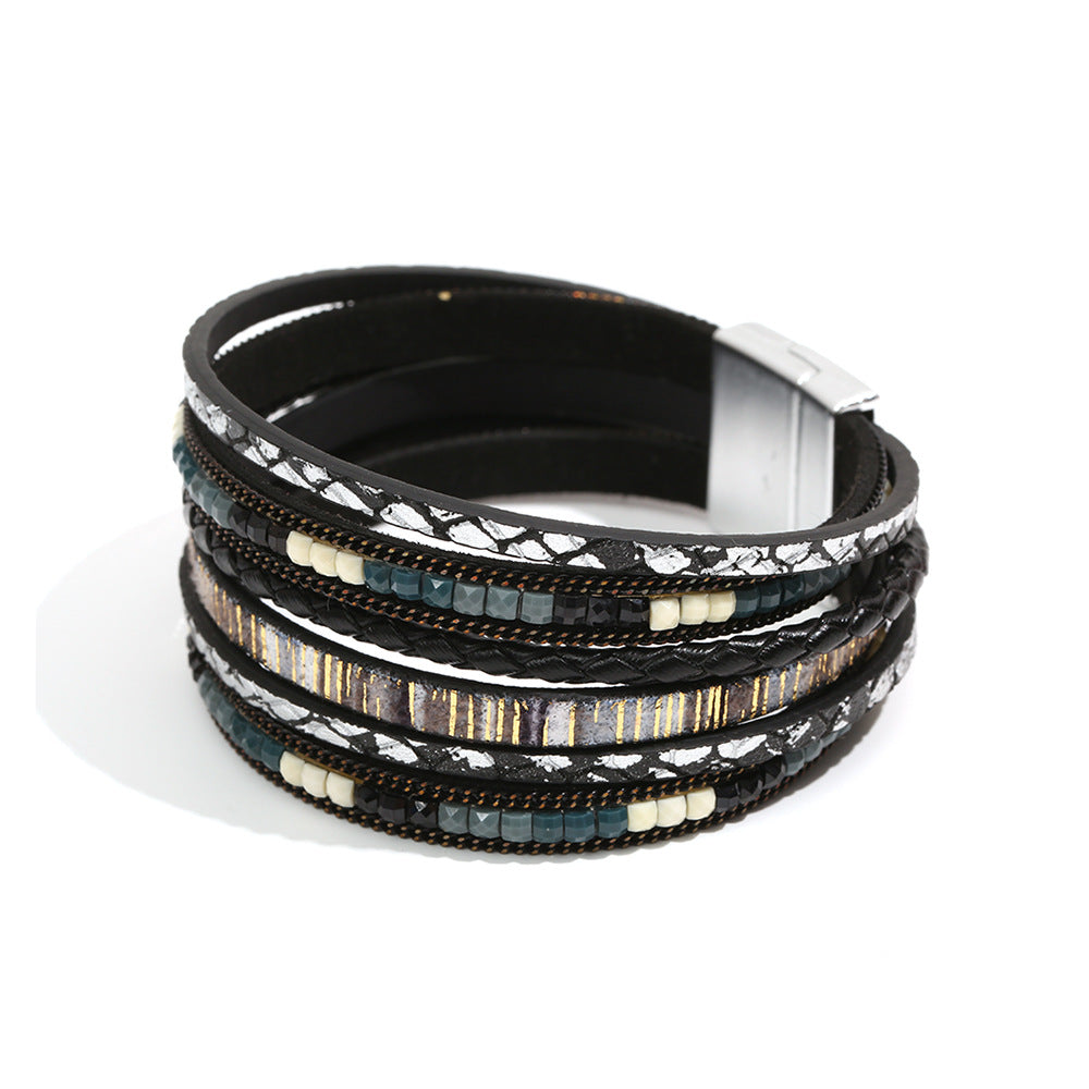 Boho Multi Layer Leather Wrap Bracelet with Magnetic Clasp