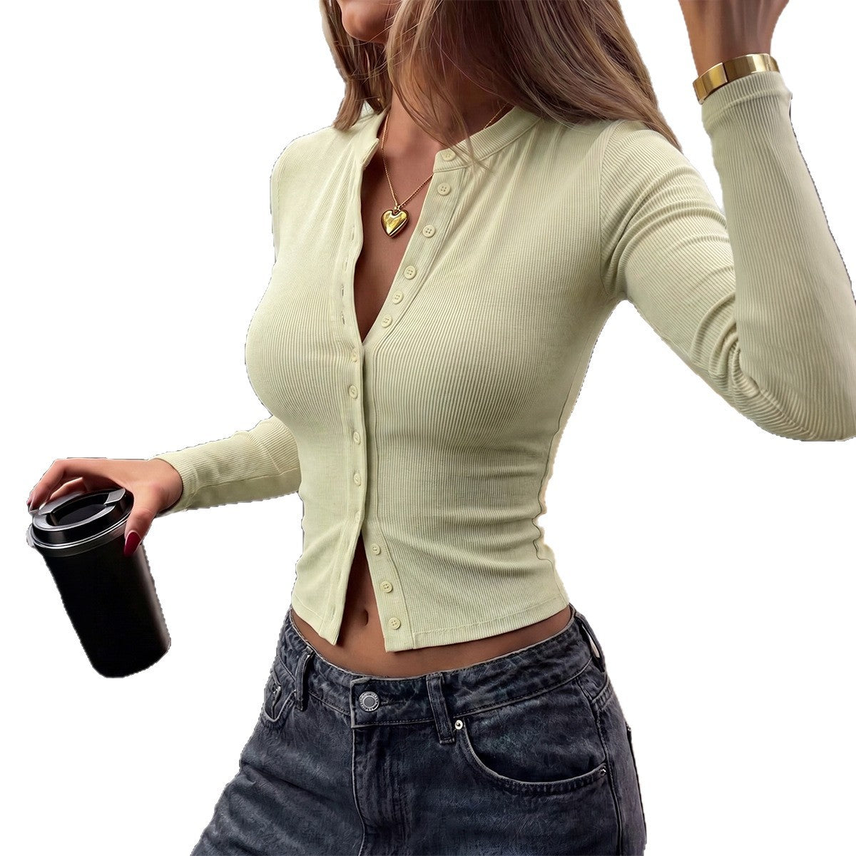 Women's Long Sleeve Ribbed Knit Button Front Crop Cardigan