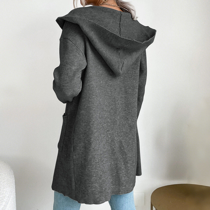 Hooded Knit Cardigan Long Sleeve Open Front Outerwear