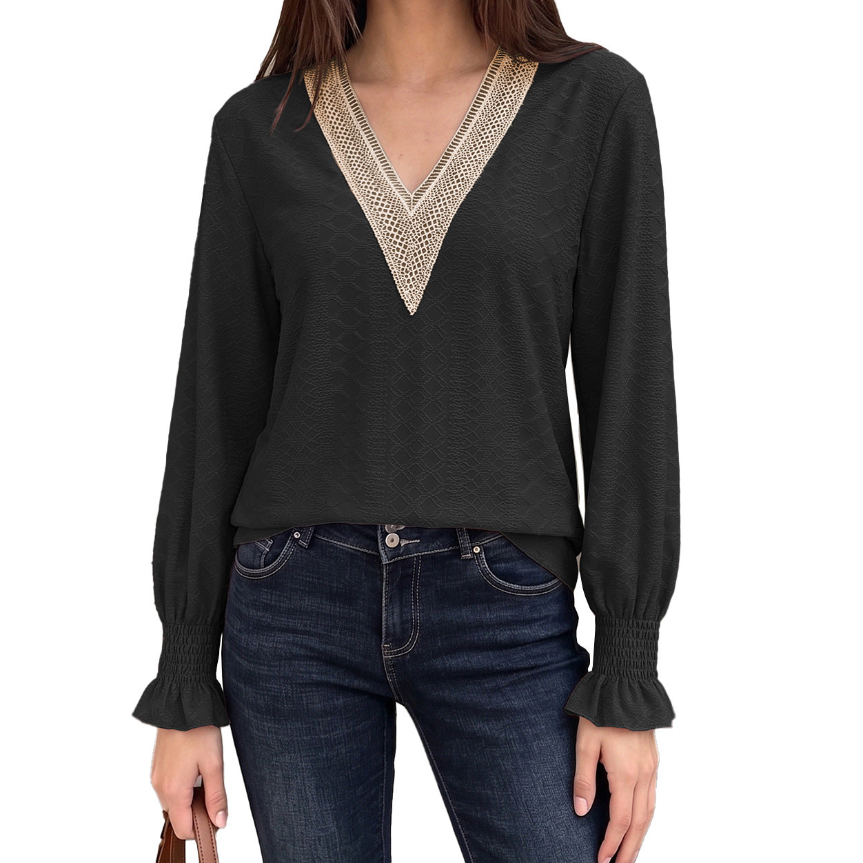 V-Neck Lace Trim Smocked Cuff Long Sleeve Blouse